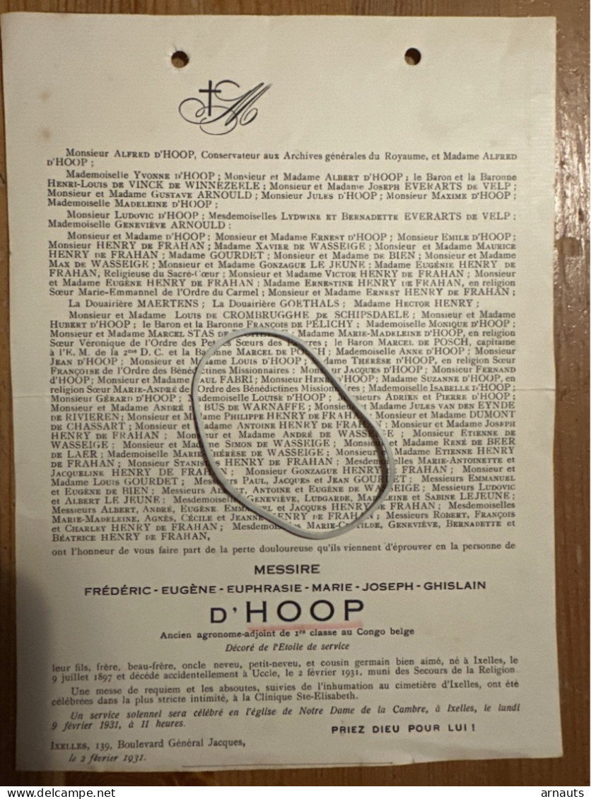 Messire Frederic D’Hoop Agronome Au Congo Belge *1897 Ixelles +1931 Uccle Ixelles De Vinci De Winnezeele Everarts De Vel - Avvisi Di Necrologio