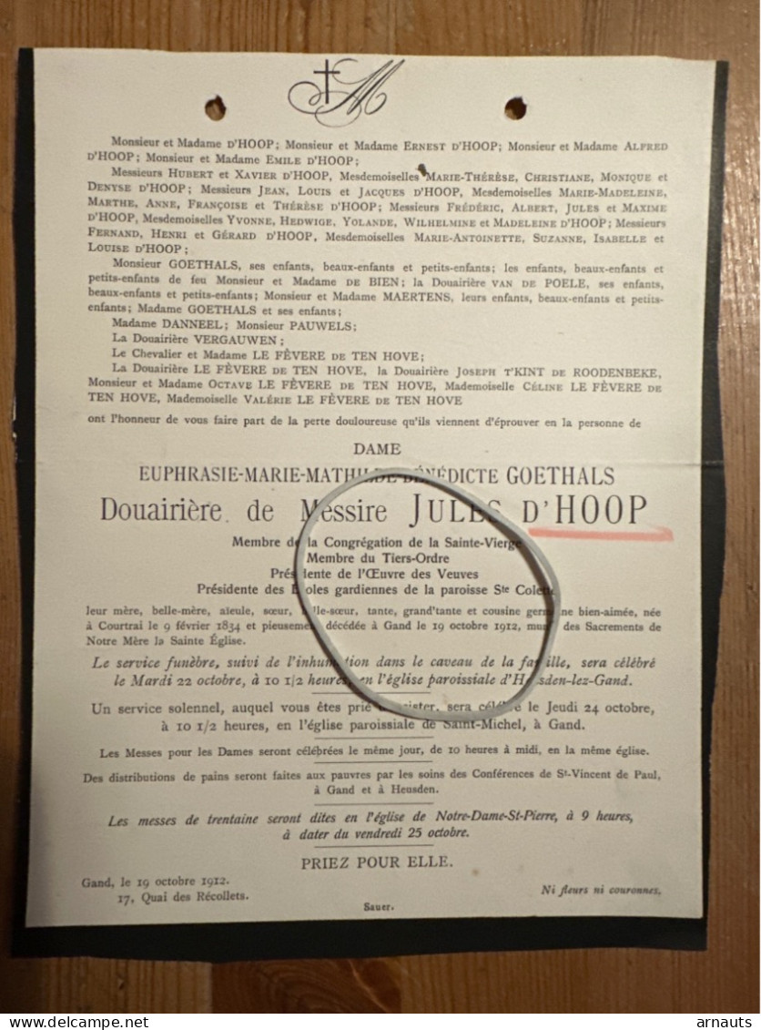 Dame Euphrasie Douairière Messire Jules D’Hoop *1834 Courtrai +1912 Gand Heusden Goethals De Bien Danneel Le Fevere De T - Obituary Notices