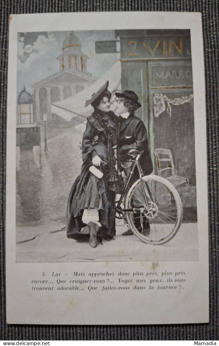 CARTE POSTALE ANCIENNE CYCLE VELO SERIE "MADEMOISELLE ECOUTEZ-MOI DONC" N°4 / 6 - Koppels