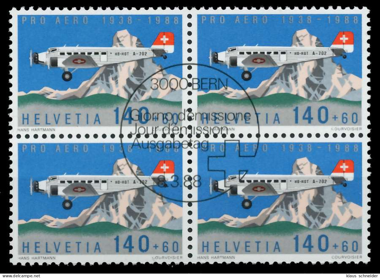 SCHWEIZ FLUGMARKEN Nr 1369 Zentrisch Gestempelt VIERERBLOCK X075ADA - Usados