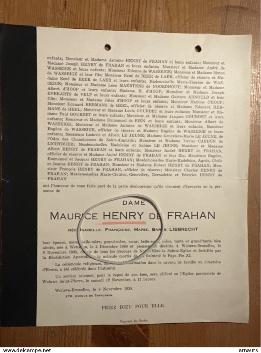 Dame Maurice Henry De Frahan Nee Libbrecht *1888 Wetteren +1938 Wettteren Bruxelles Evere Woluwe De Brouwer Gourdet Stru - Obituary Notices