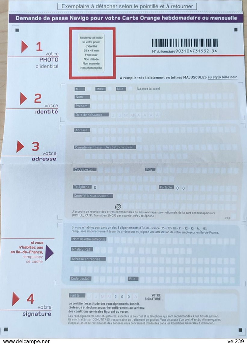 France. Formulaire Demande Echange Carte Orange Pour Navigo + Envelope - Unclassified