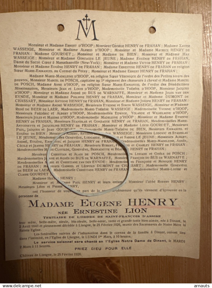 Madame Eugène Henry Née Ernestine Lion *1843 Dinant +1926 Lisogne Chateau D’Hoop Henry De Frahan Gourdet De Posch - Décès