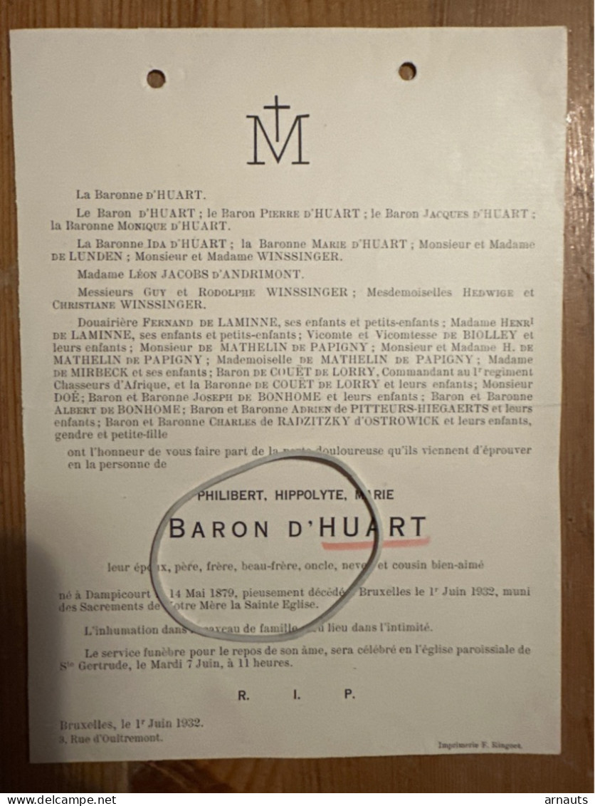 Philibert Baron D’Huart *1879 Dampicourt +1932 Bruxelles De Lunden Winssinger De Laminne De Biolley - Obituary Notices