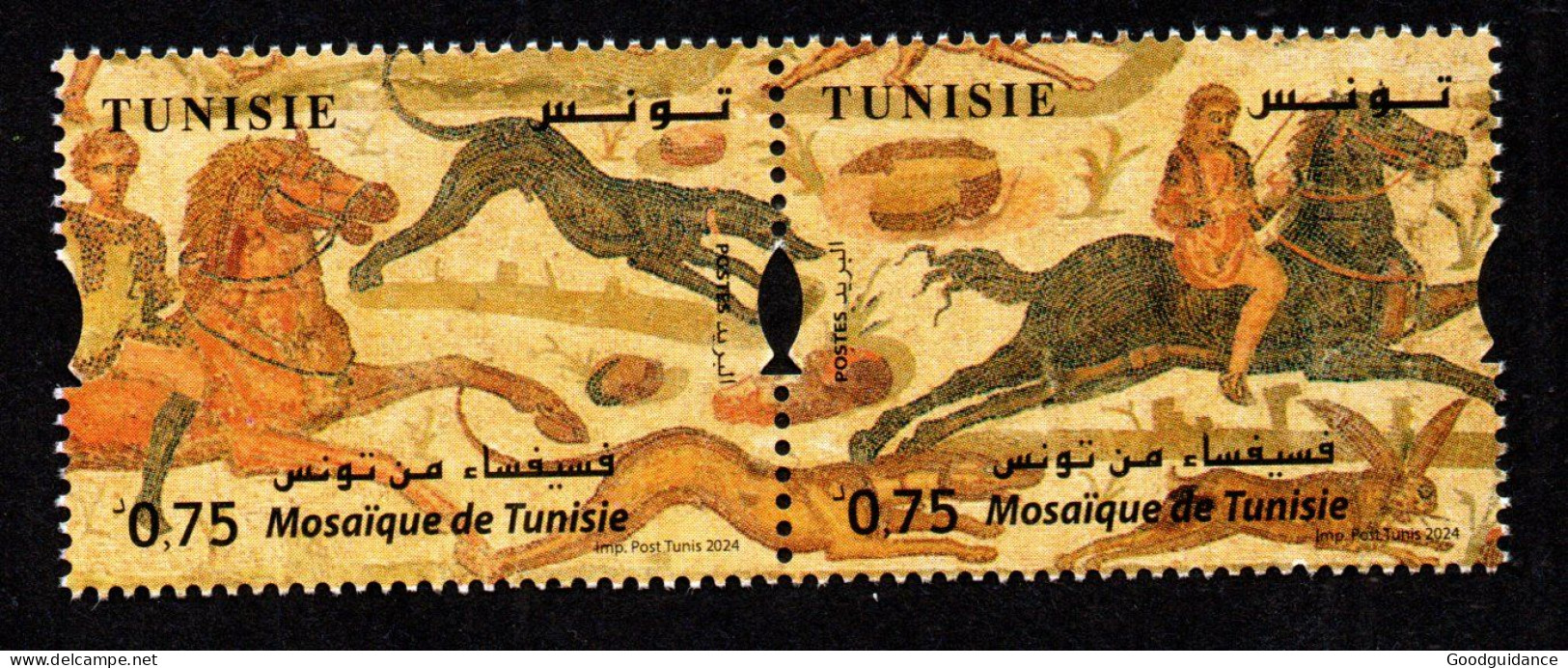 2024- Tunisie - Mosaïques - Chasse- Cavaliers - Chien- Lapin- Bande De 2 Timbres - MNH** - Autres & Non Classés
