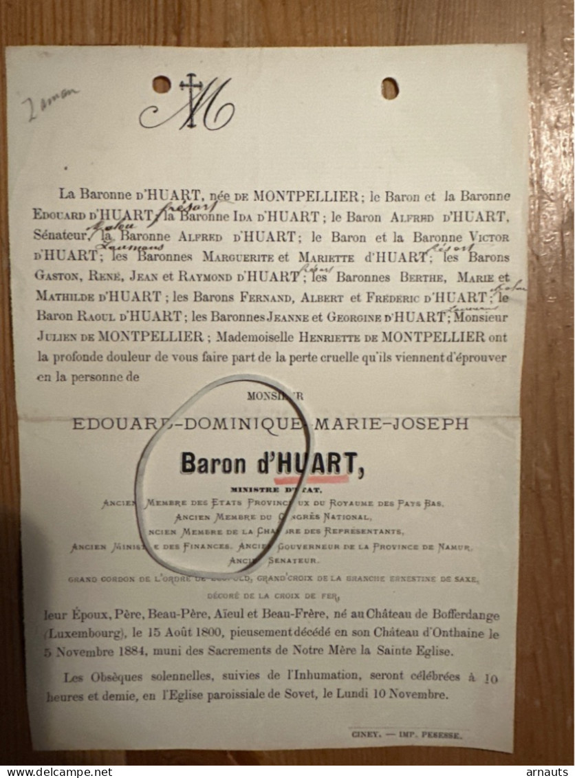 Edouard Baron D’Huart Ministre D’Etat Congrès National Sénateur Gouverneur Namur *1800 Château Bofferdange +1884 Sovet C - Obituary Notices