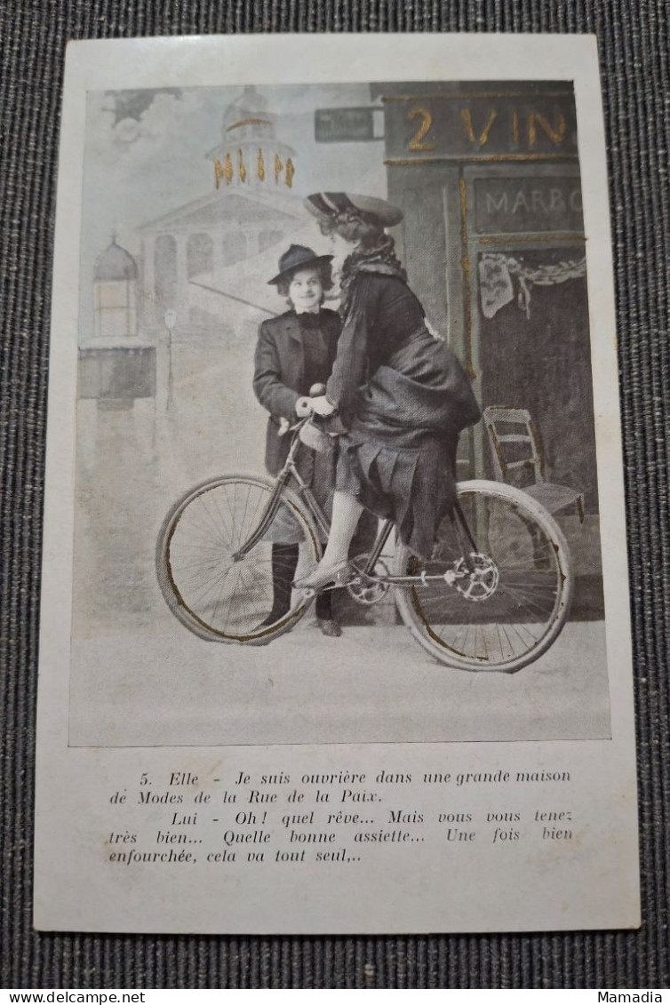 CARTE POSTALE ANCIENNE CYCLE VELO SERIE "MADEMOISELLE ECOUTEZ-MOI DONC" N°5 / 6 - Koppels