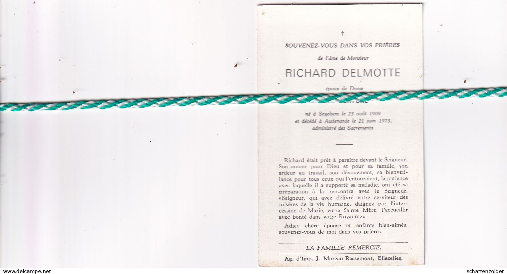 Richard Delmotte-Derycke, Segelsem 1909, Audenarde 1973 - Avvisi Di Necrologio