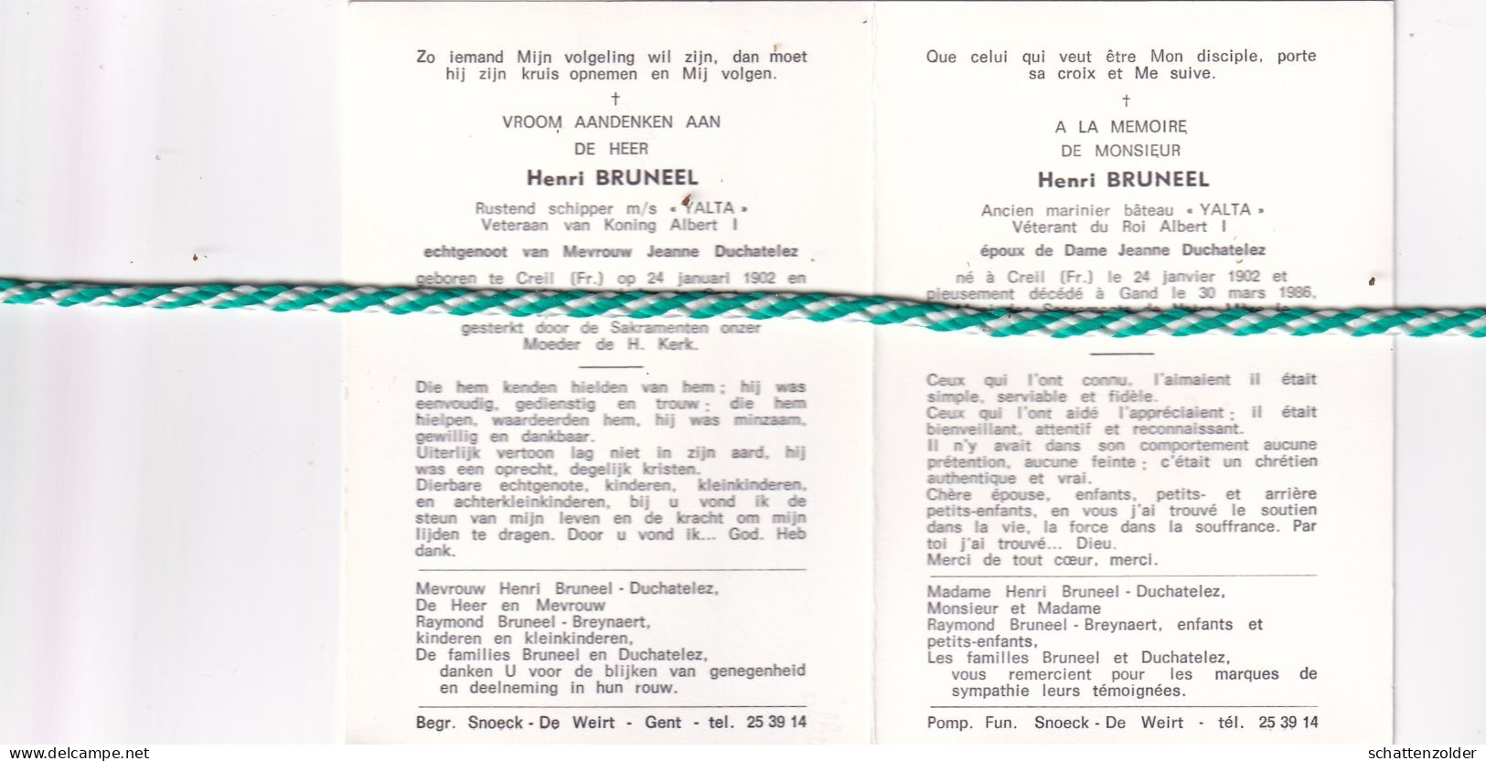 Henri Bruneel-Duchatelez, Creil (Fr) 1902, Gent 1986. Schipper O.r. Foto - Obituary Notices