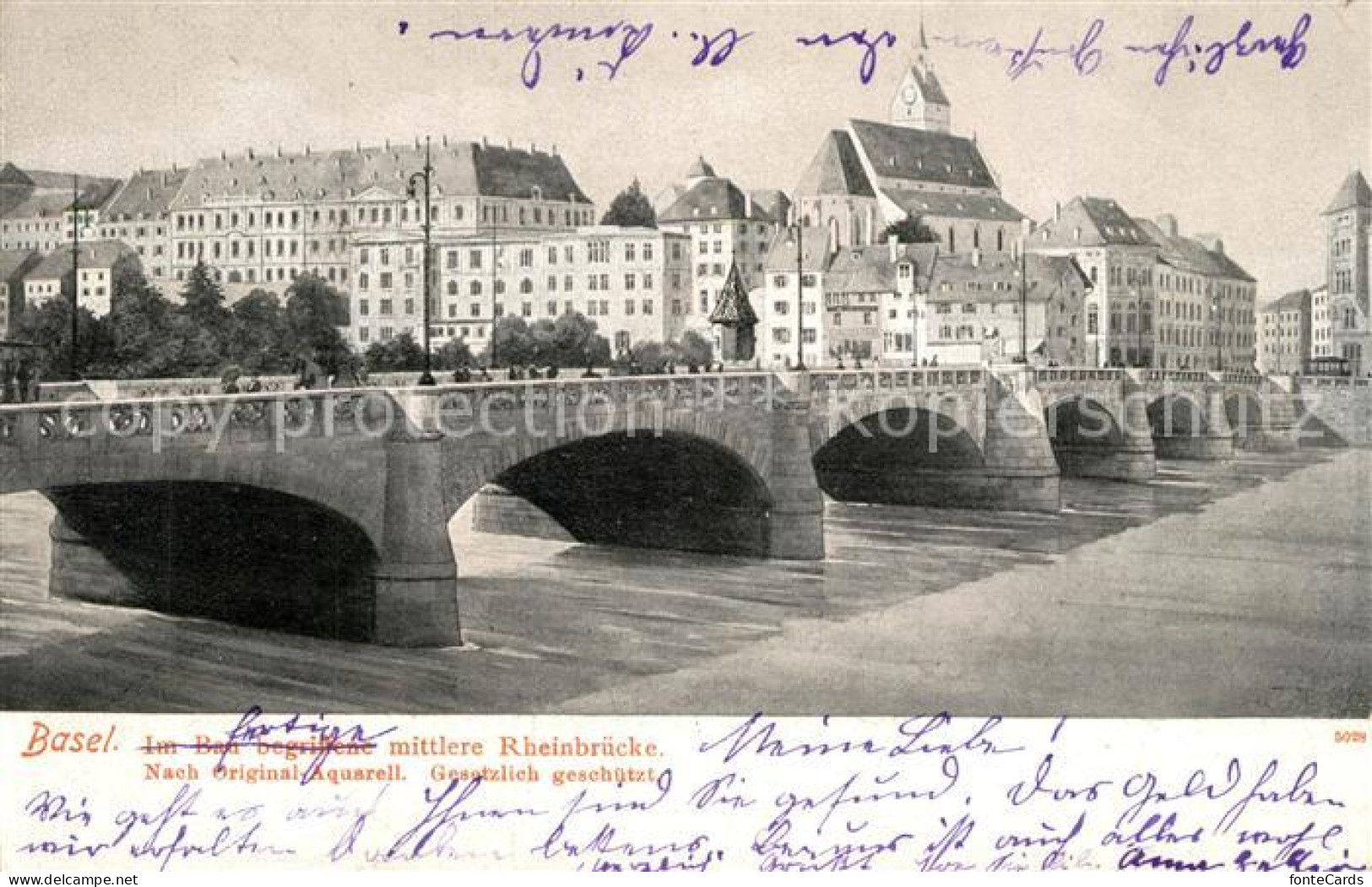 13301901 Basel BS Mittlere Rheinbruecke Nach Original Aquarell Kuenstlerkarte Ba - Otros & Sin Clasificación