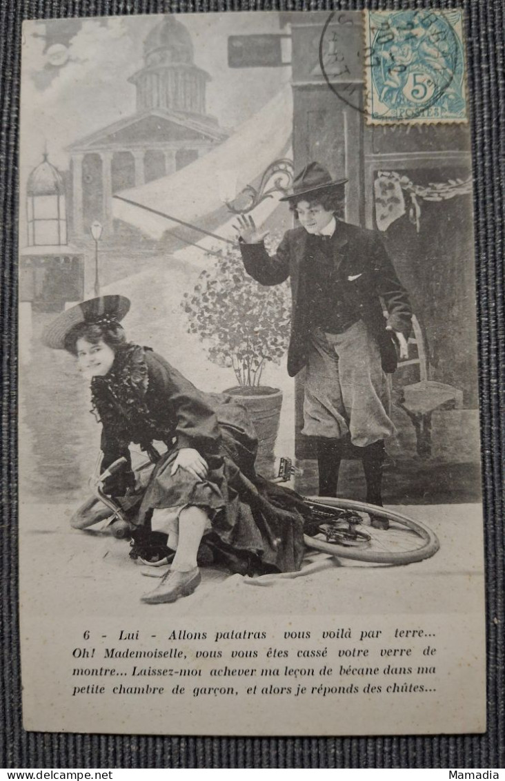 CARTE POSTALE ANCIENNE CYCLE VELO SERIE "MADEMOISELLE ECOUTEZ-MOI DONC" N°6 / 6 - Couples