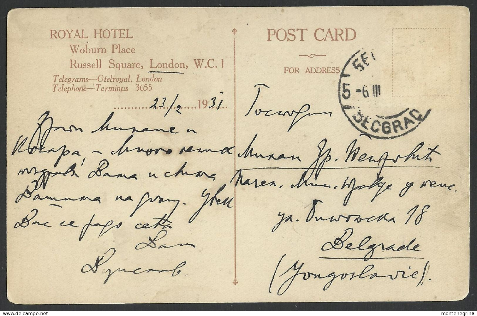 LONDON - Royal Hotel - Woburn Place - Russell Square - 1931 Old Postcard (see Sales Conditions)10194 - Autres & Non Classés