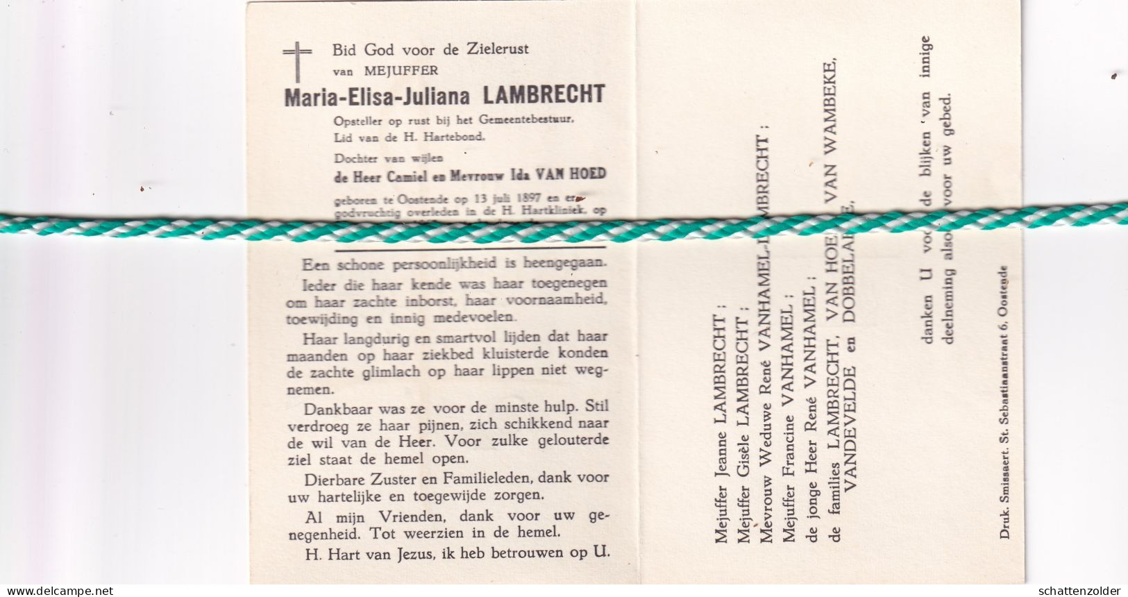 Maria Elisa Juliana Lambrecht-Van Hoed, Oostende 1897, 1967 - Esquela