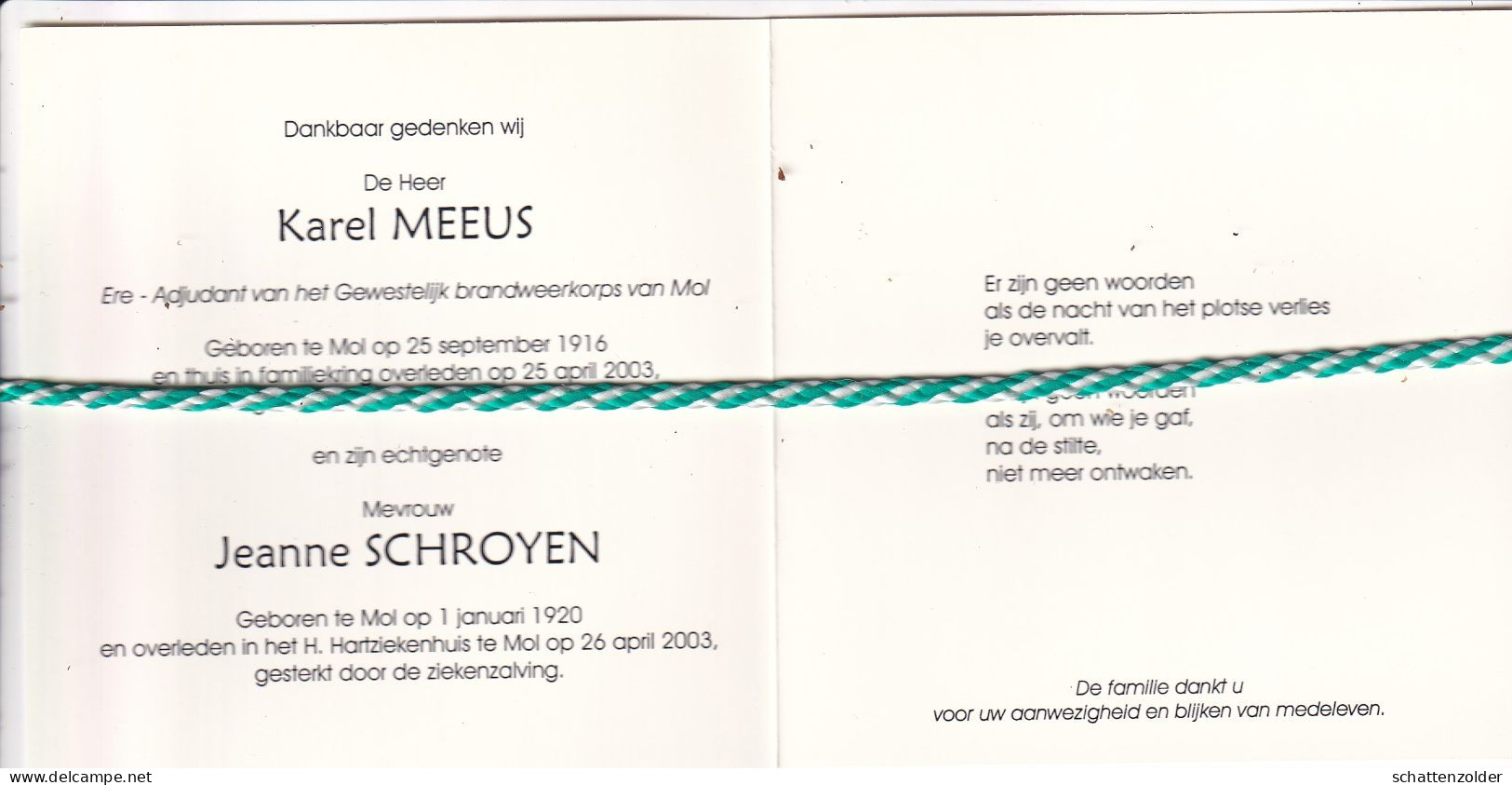 Karel Meeus (Mol,1916) En Jeanne Schroyen (Mol,1920), 2003. Foto Koppel - Overlijden