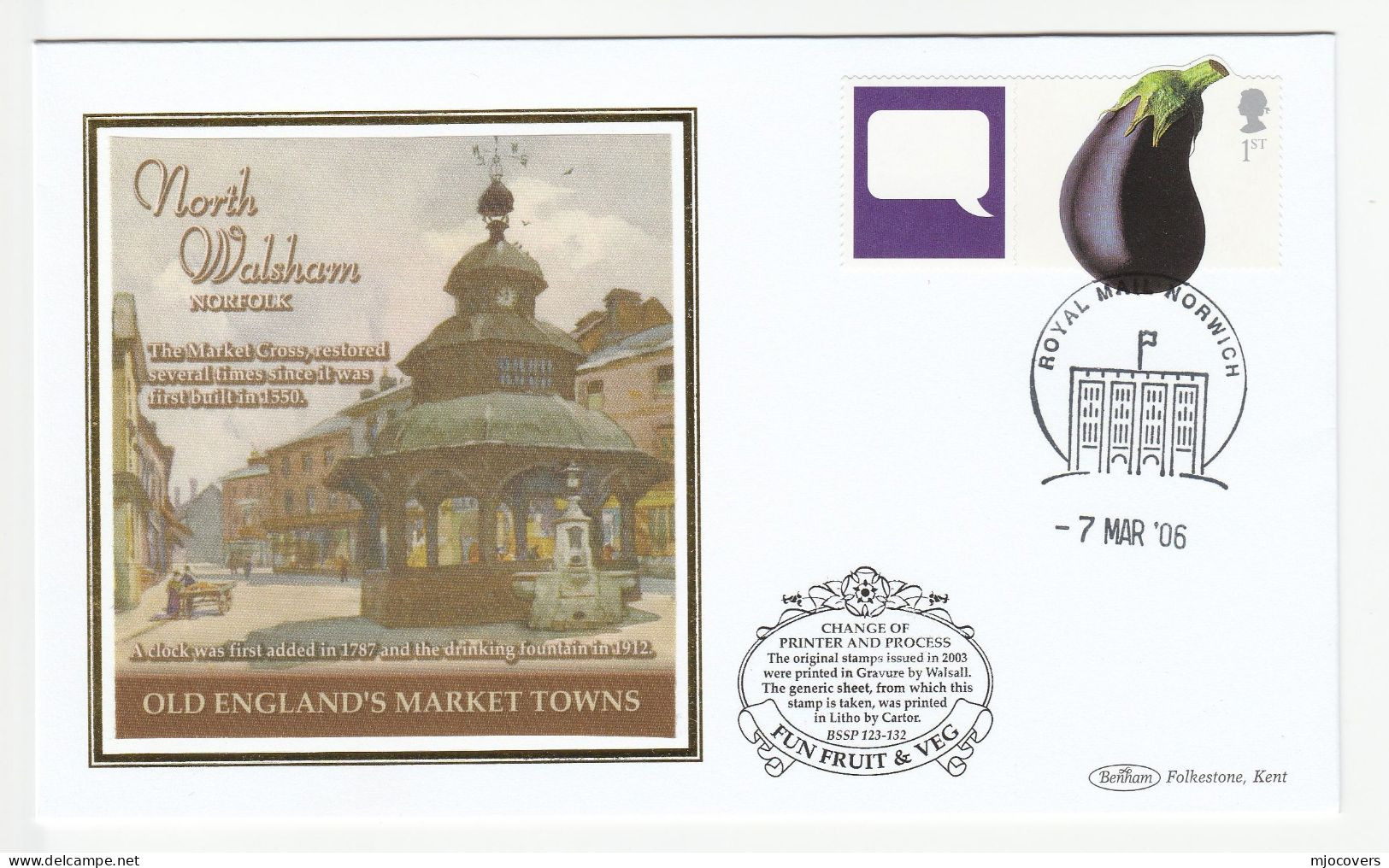 AUBERGINE North Walsham MARKET CLOCK TOWER Special FDC Eggplant GB Stamps Cover  2006 Norwich - 2001-2010 Dezimalausgaben