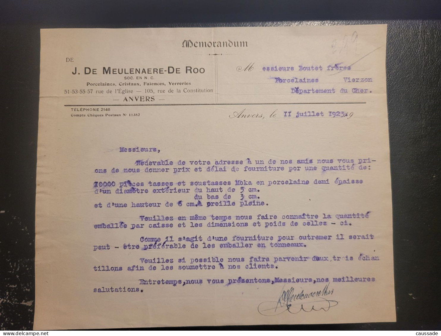 Belgique - ANVERS - J. DE. MEULENAERE - DE ROO - Porcelaines, Cristaux, Faïences, Verreries En 1923 - Altri & Non Classificati