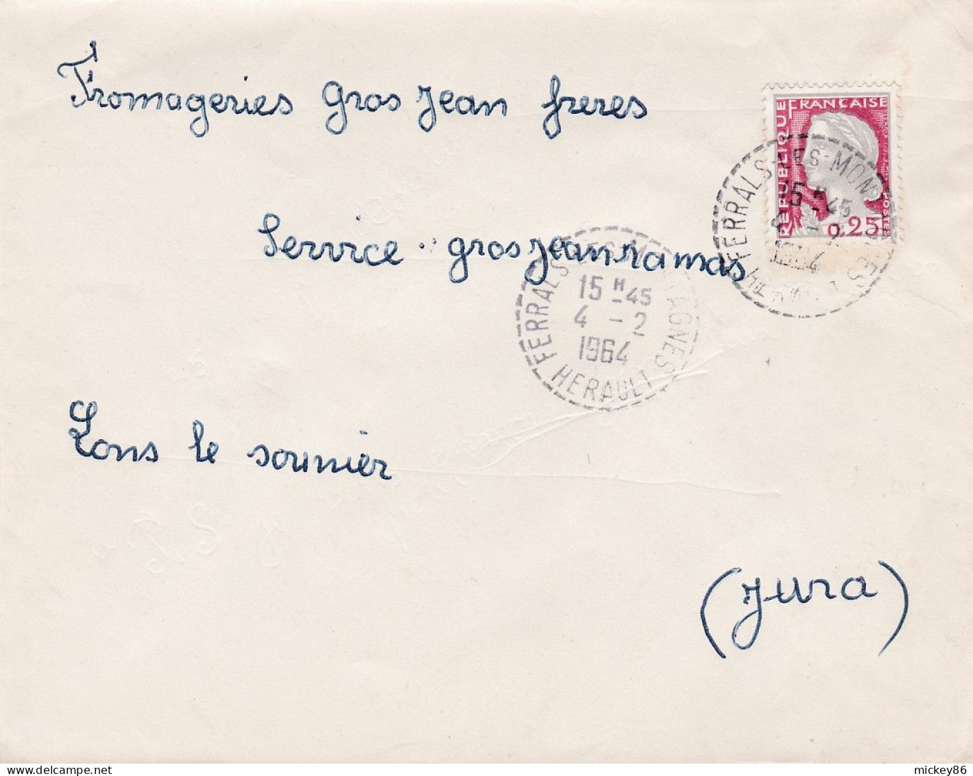 1964--Lettre FERRALS-LES-MONTAGNES-34 à LONS LE SAUNIER--39-type Marianne -cachet 4-2-1964 - 1961-....