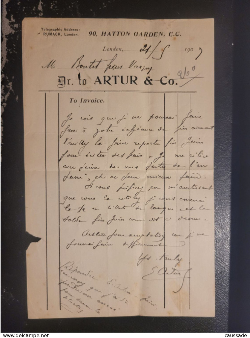 Royaume Uni - LONDON - Dr To ARTUR & Co - 90 HATTON GARDEN, E.C - Autres & Non Classés