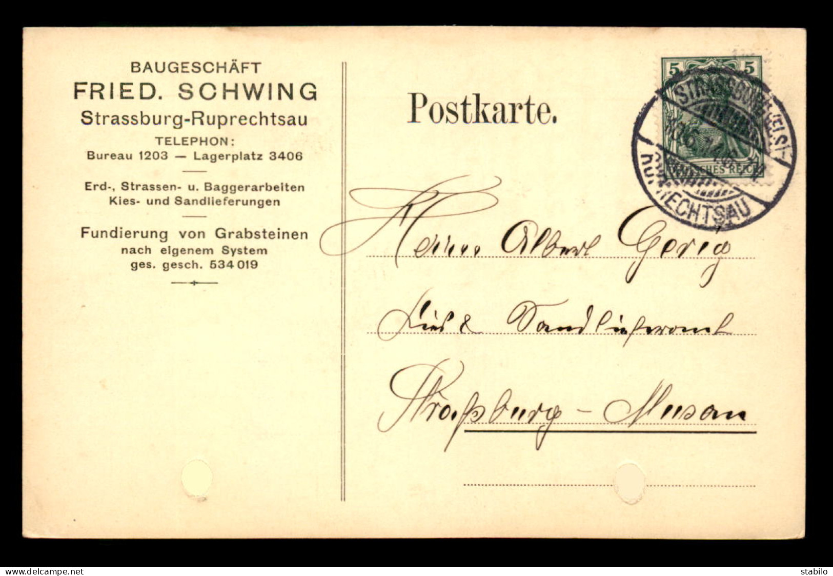 67 - STRASBOURG - CARTE DE SERVICE - FRIED. SCHWING BAUGESCHAFT - Strasbourg