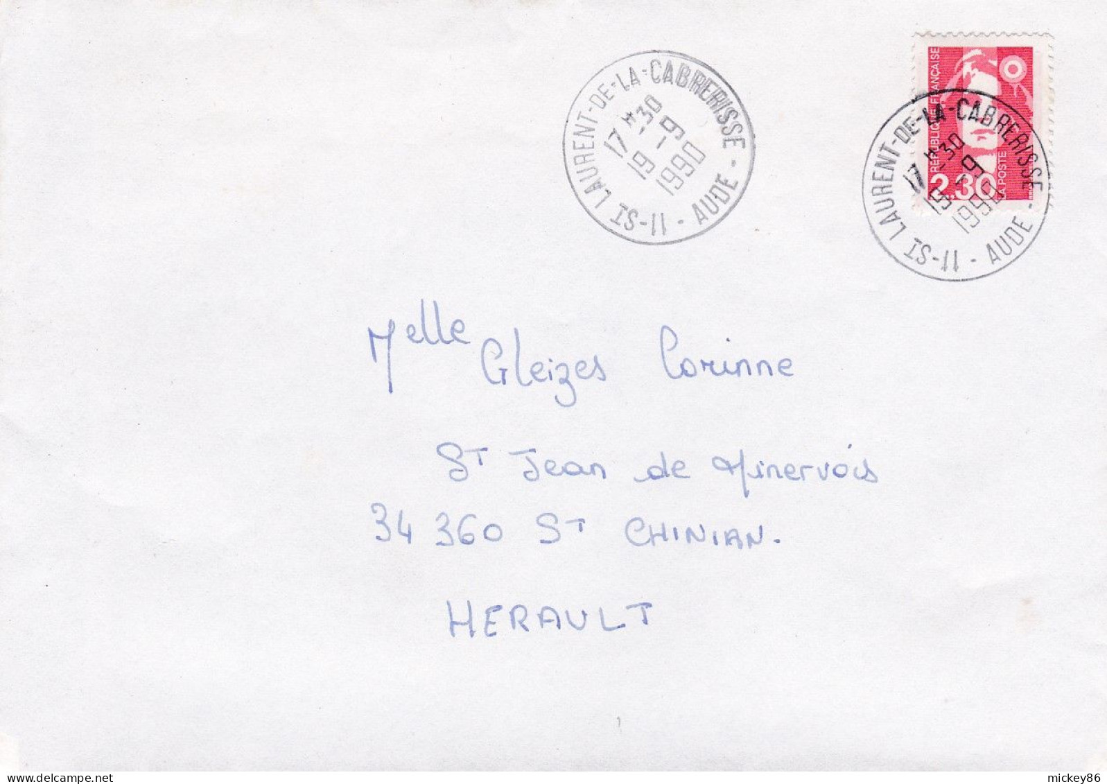 1990--Lettre  Saint-Laurent-de-la-Cabrerisse-11 à St Chinian--34-type Marianne Bicentenaire -cachet  19-9-1990 - 1961-....