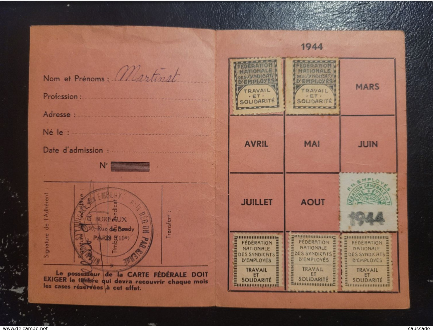 Lot De 4 - Fédération Nationale Des Syndicats D'EMPLOYES, 213 Rue Lafayette 1941 - 1942 - 1943 - 1944 - Cartes De Membre