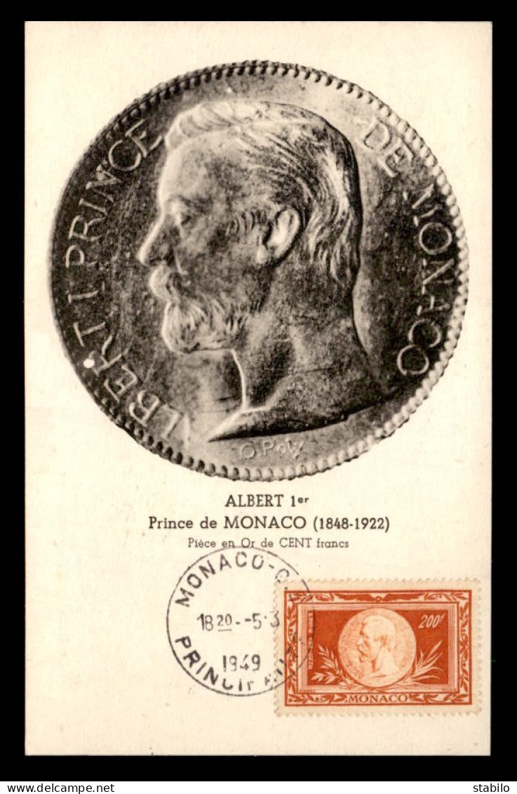 MONACO - REPRODUCTION D'UNE PIECE EN OR REPRESENTANT ALBERT 1ER, PRINCE DE MONACO 1848-1922 - CACHET 1ER JOUR - Cartes-Maximum (CM)