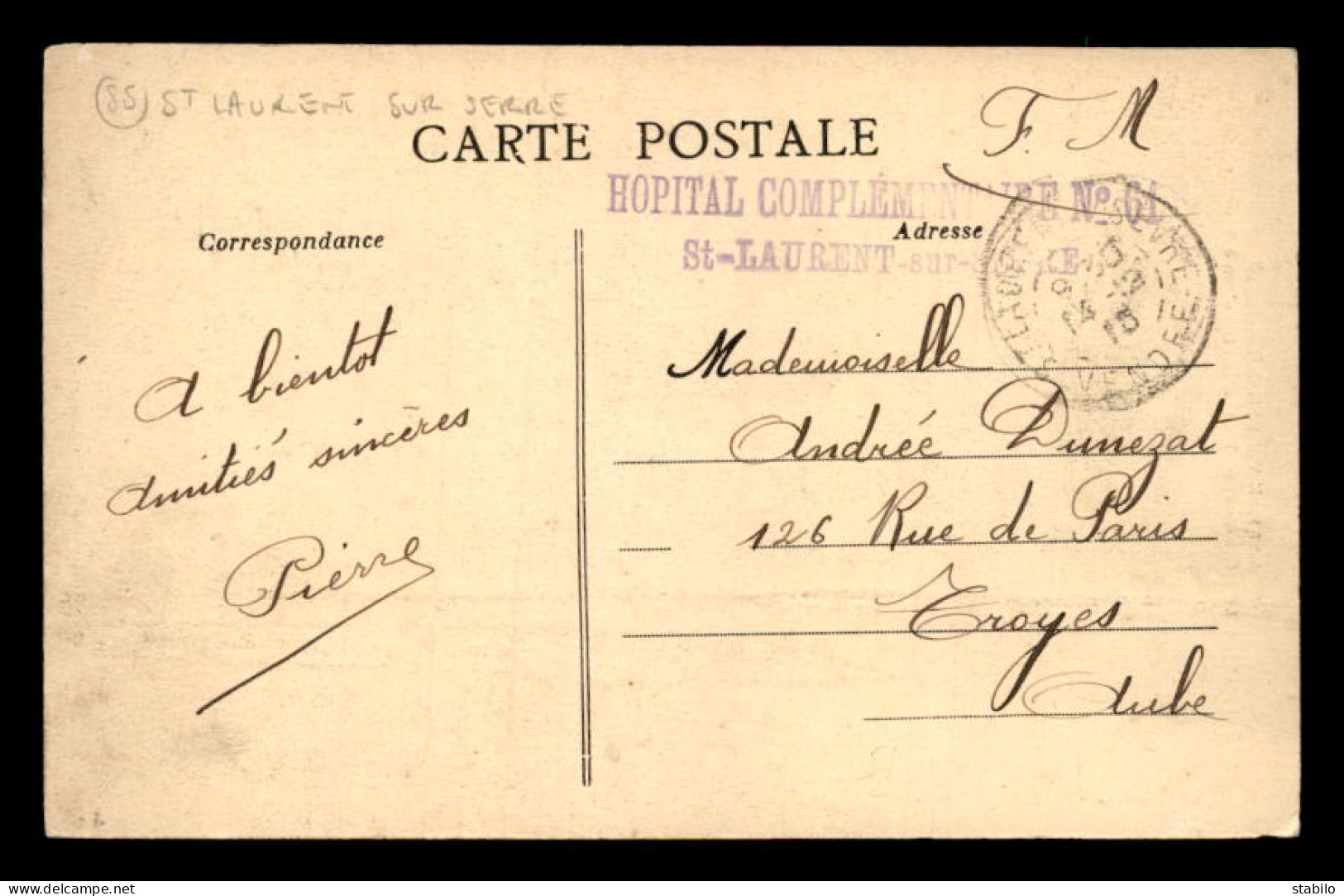 CACHET HOPITAL COMPLEMENTAIRE N°61 - ST LAURENT SUR SEVRE (VENDEE) - Oorlog 1914-18