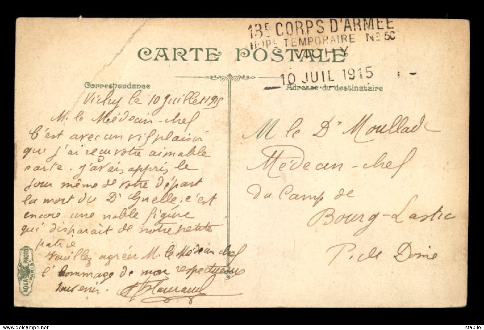 CACHET HOPITAL TEMPORAIRE N°50 DU 10 JUILLET 1915  - 13E CORPS D'ARMEE - VICHY (ALLIER) - Oorlog 1914-18
