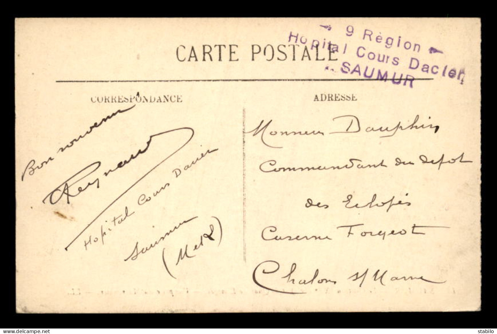 CACHET HOPITAL COURS DACIER - 9E REGION - SAUMUR (MAINE ET LOIRE) - Guerre De 1914-18