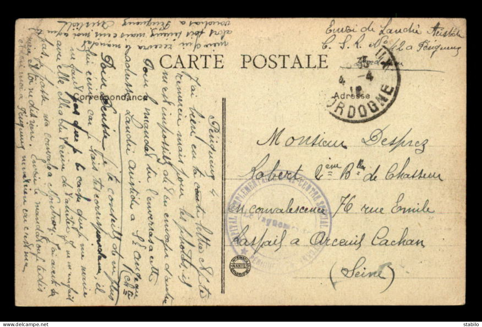 CACHET HOPITAL COMPLEMENTAIRE N°42 - LE VAGUEMESTRE - PERIGUEUX (DORDOGNE) - Guerre De 1914-18