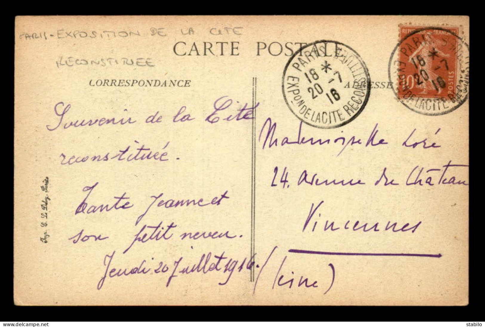 CACHET EXPOSITION DE LA CITE RECONSTITUEE A PARIS, VOYAGE LE 20.07.1916, SUR CARTE DE L'EXPOSITION - 1877-1920: Période Semi Moderne