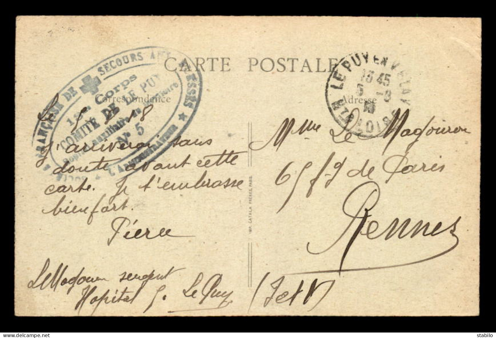 CACHET HOPITAL AUXILIAIRE DU TERRITOIRE N°5 - 13E CORPS - LE PUY (HAUTE LOIRE) - Guerre De 1914-18