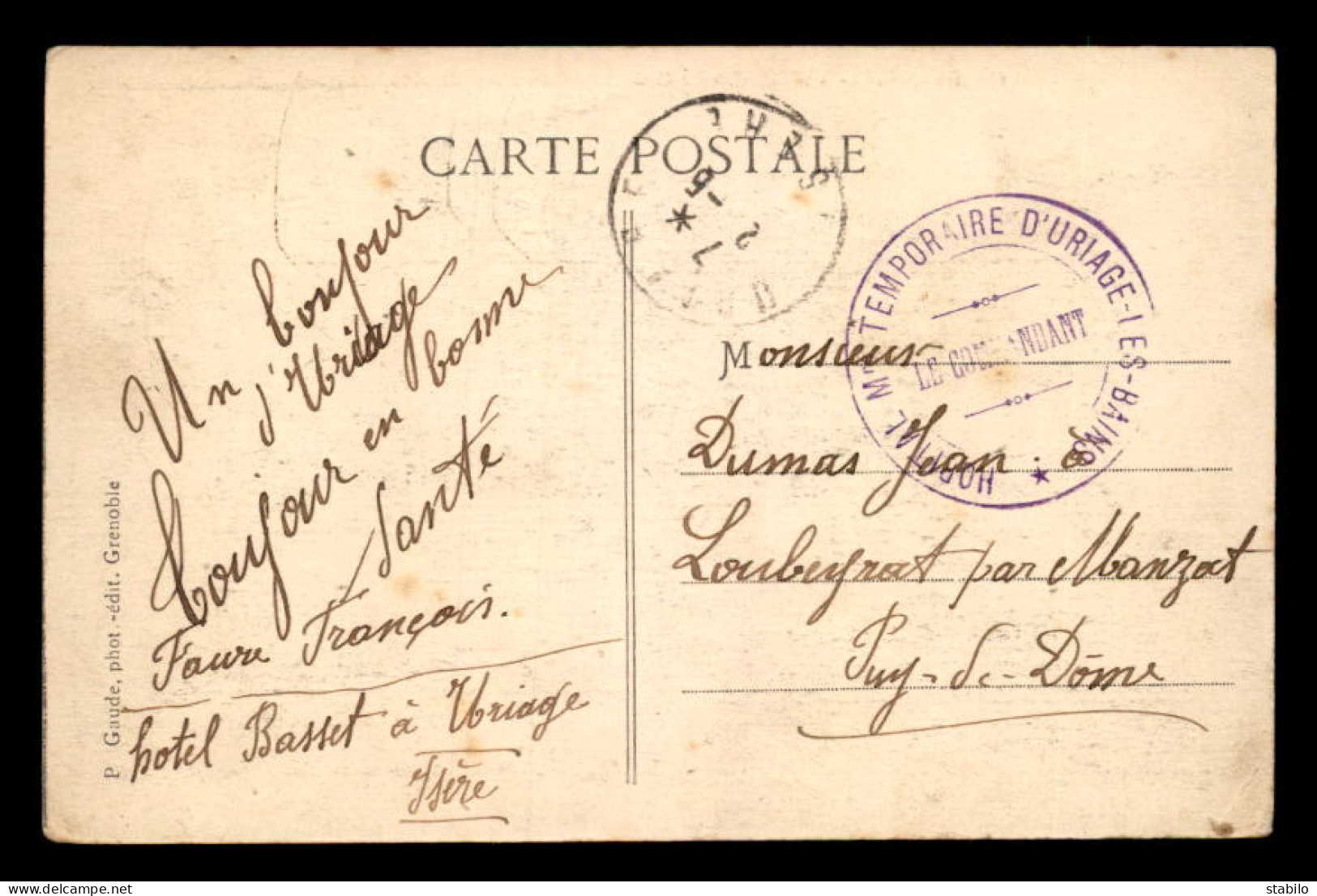 CACHET HOPITAL TEMPORAIRE - LE COMMANDANT - URIAGE-LES-BAINS  (ISERE) - WW I