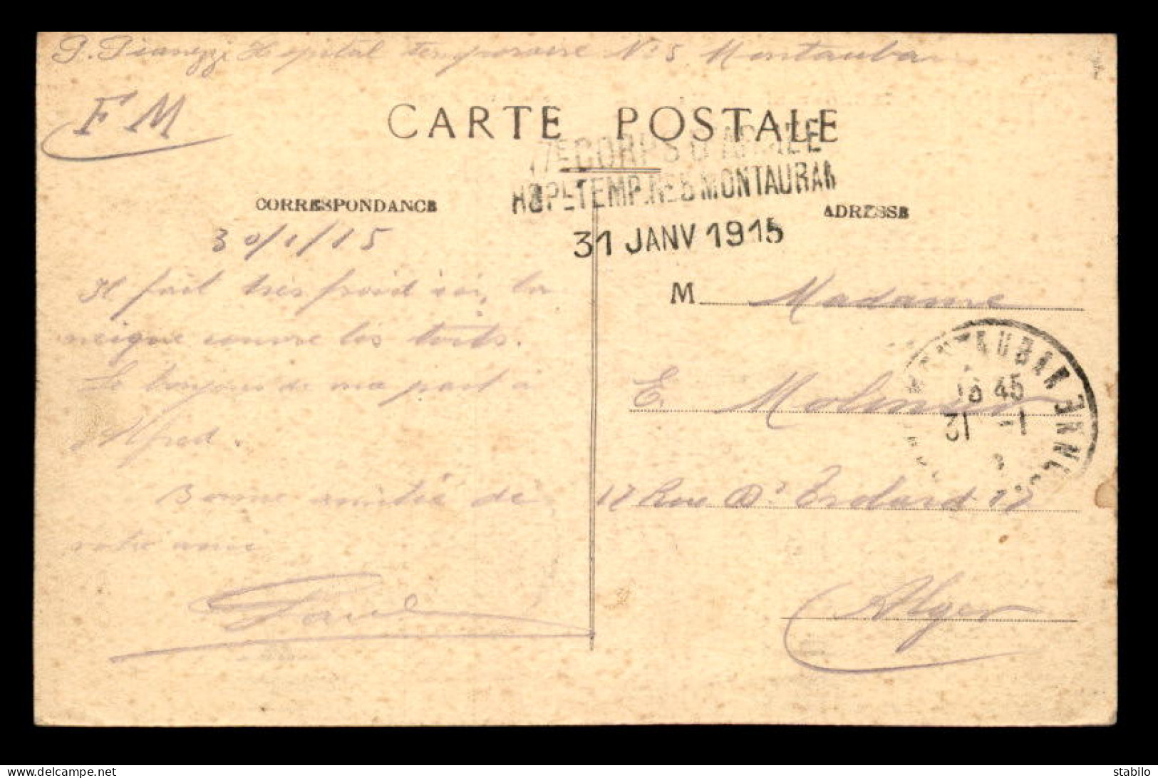 MONTAUBAN (TARN-ET-GARONNE) - CACHET HOPITAL TEMPORAIRE N°5 DU 31 JANVIER 1915 - Guerra Del 1914-18