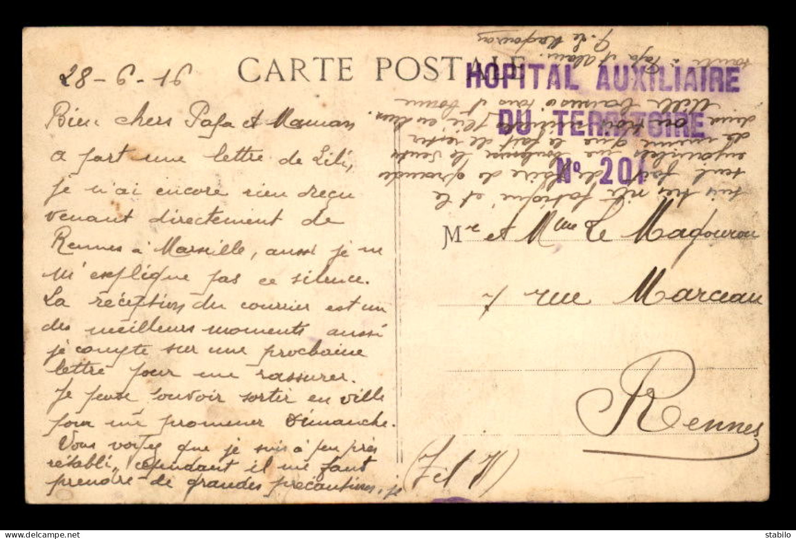 MARSEILLE (BOUCHES-DU-RHONE) - CACHET HOPITAL AUXILIAIRE DU TERRITOIRE N° 201 - Guerra Del 1914-18