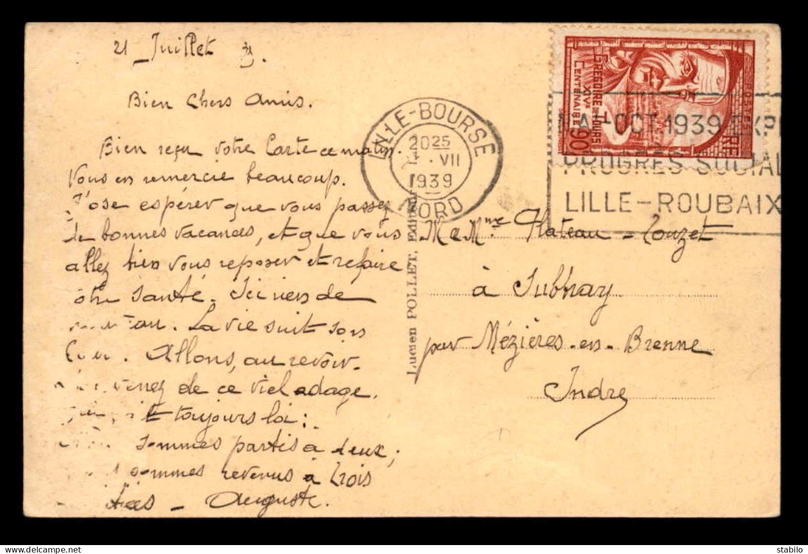 OBLITERATION MECANIQUE LILLE-ROUBAIX (NORD) OCTOBRE 1939 EXPO PROGRES SOCIAL SUR CARTE MONUMENT AU PIGEON VOYAGEUR - Mechanical Postmarks (Other)