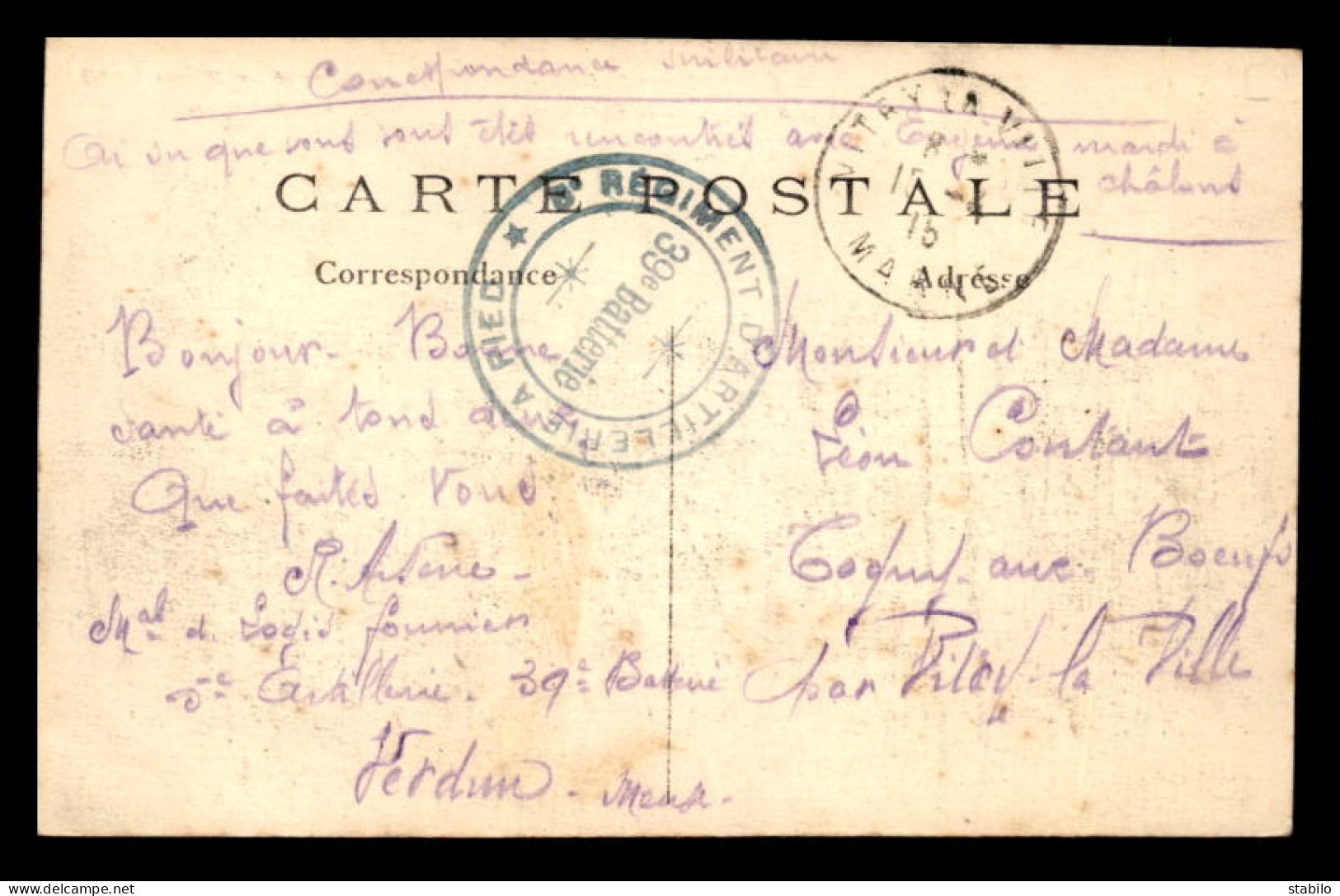  CACHET DU 5E REGIMENT D'ARTILLERIE A PIED - 39E BATTERIE STATIONNEE A VERDUN - Guerre De 1914-18