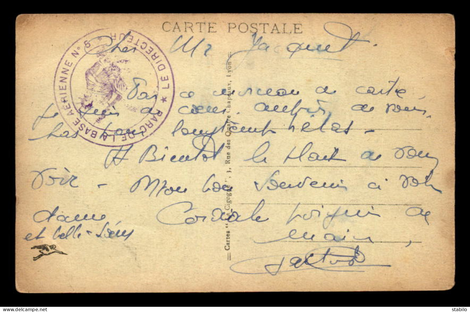 CACHET DU DIRECTEUR DU PARC DE LA BASE AERIENNE N°5 SUR CARTE LYON - Guerre De 1914-18