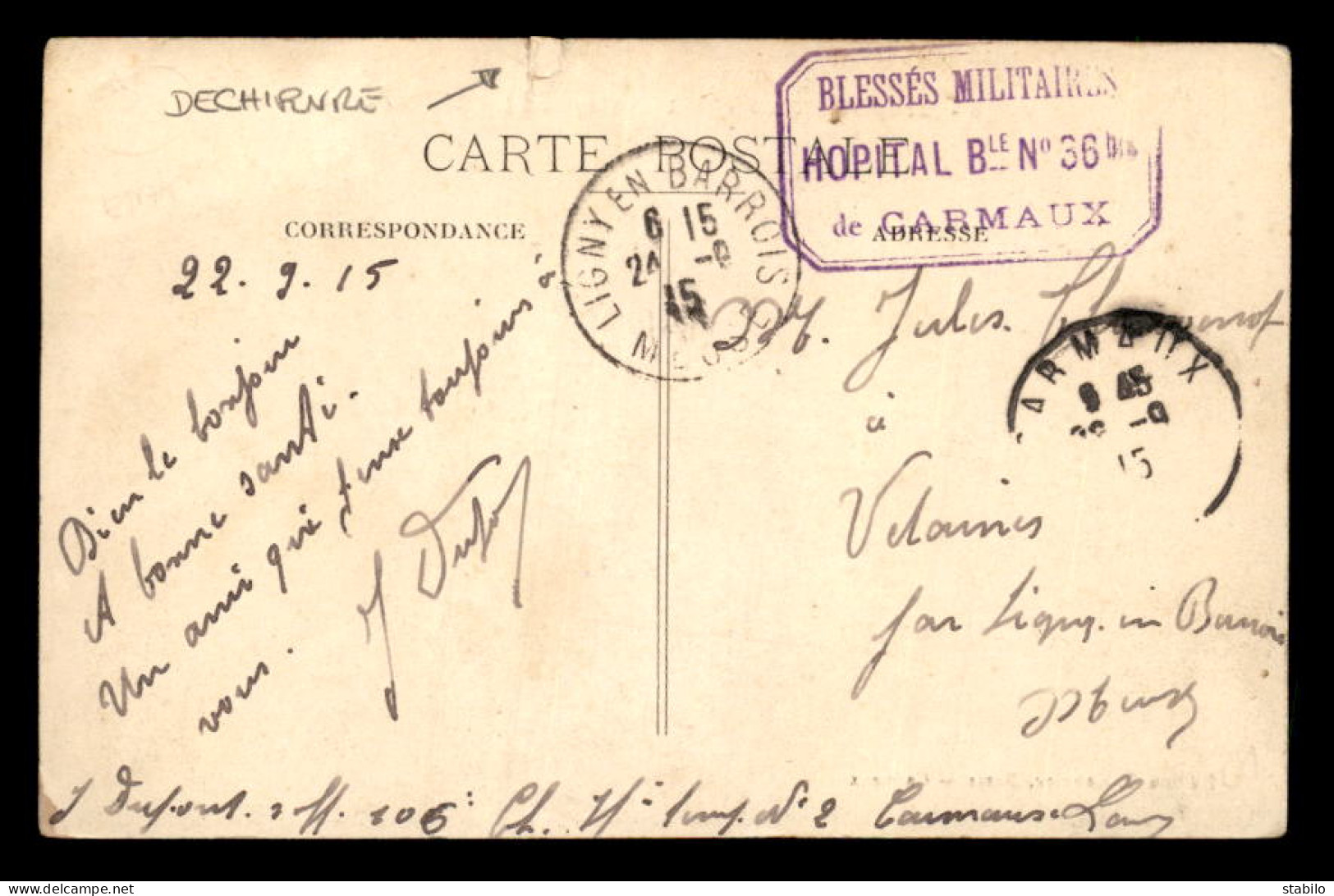 CARMAUX (TARN) - CACHET BLESSES MILITAIRES HOPITAL N°36 BIS - SUR CARTE LES MINES - SIEGE DE LA GRILLATIE - Guerra De 1914-18