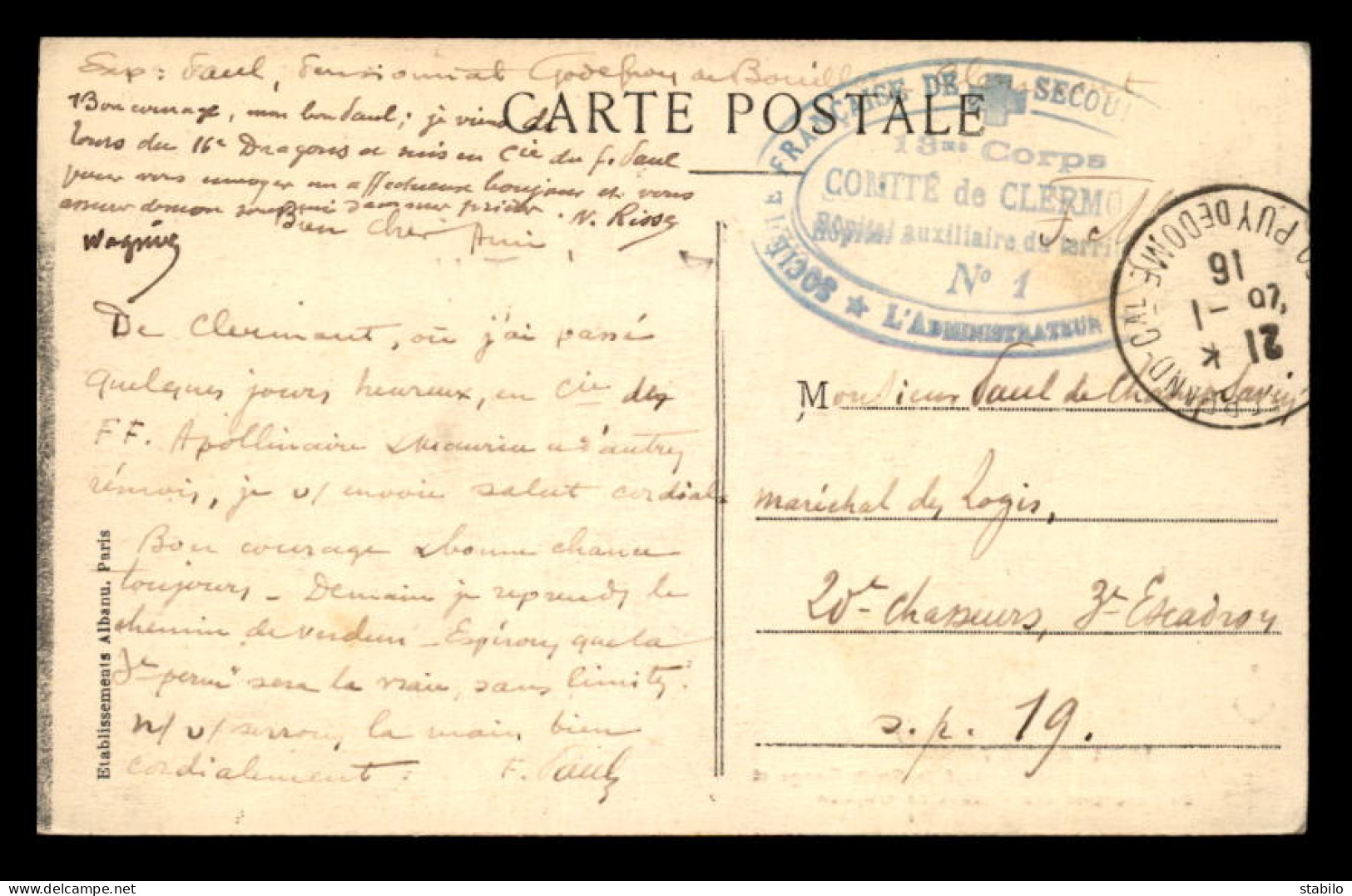 CACHET HOPITAL AUXILIAIRE N°1 - CLERMONT-FERRAND  - Guerre De 1914-18