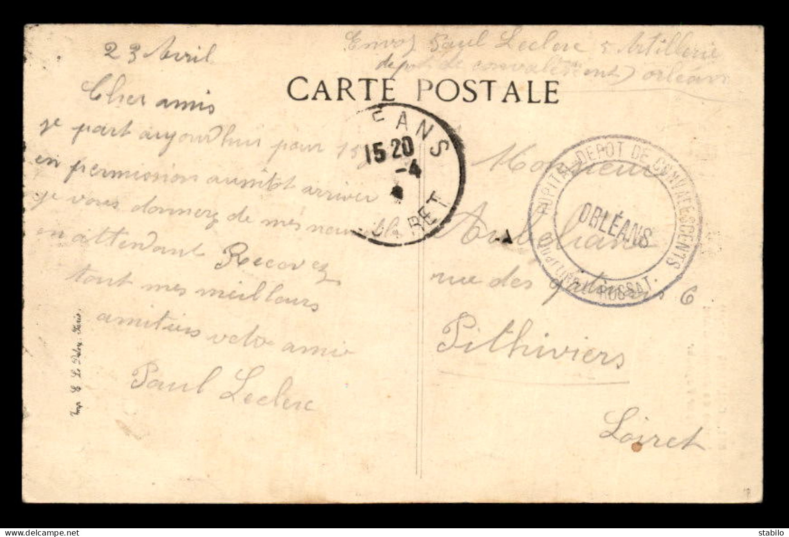 CACHET DE L'HOPITAL DEPOT DE CONVALESCENTS D'ORLEANS (LOIRET) - Oorlog 1914-18