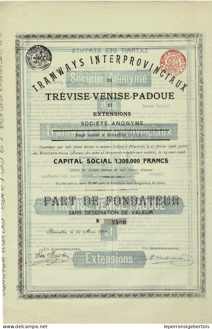 Titre De 1906 - Tramways Interprovinciaux De Trévise - Venise - Padoue Et Extensions - Déco - Ferrovie & Tranvie