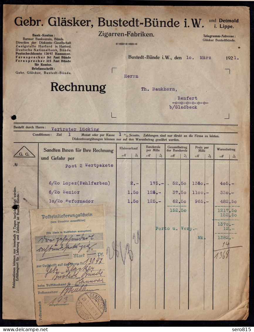 1921 Bustedt-Bünde Lippe Detmold Alte Rechnung Der Firma Gläsker    (24077 - Historische Documenten