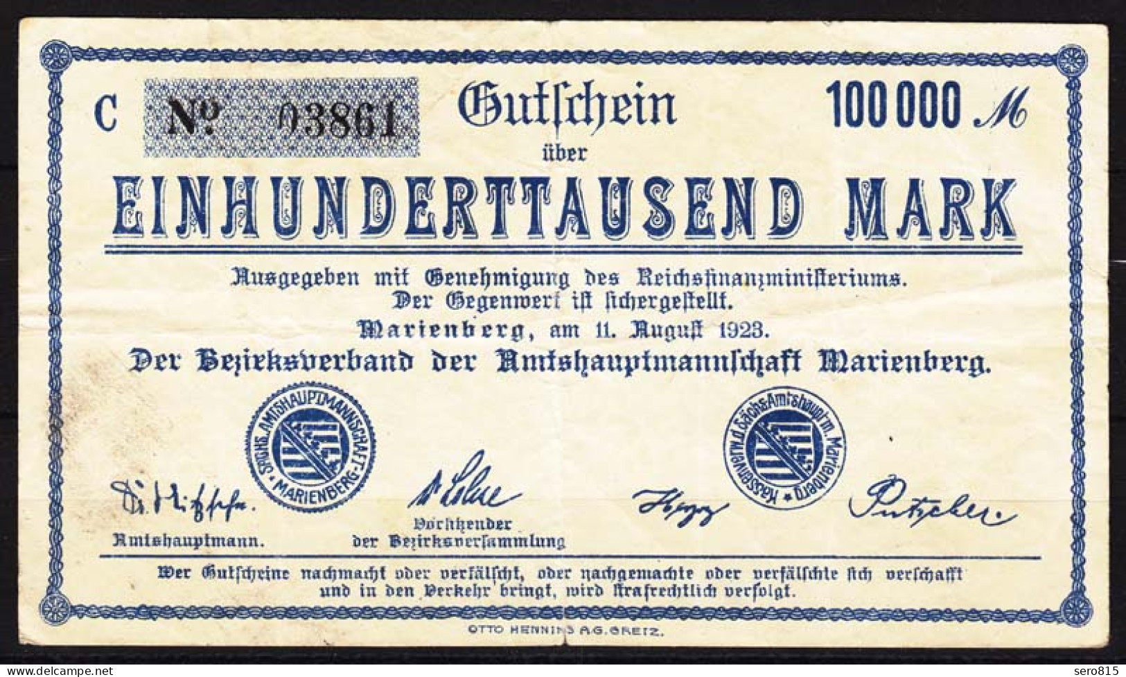 Marienberg Einhunderttausend Mark 1923 Notgeld VF- (3-)    (c555 - Otros & Sin Clasificación