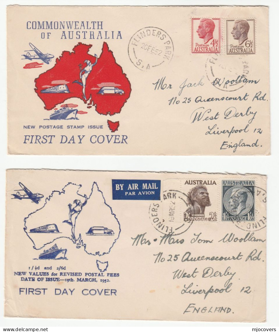 2 Diff 1952 AUSTRALIA FDCs GVI  1/ 1/2d , 2/6d ,  4 1/2d,  6 1/2d  Stamps Flinders Park  To GB  Fdc Cover - Ersttagsbelege (FDC)