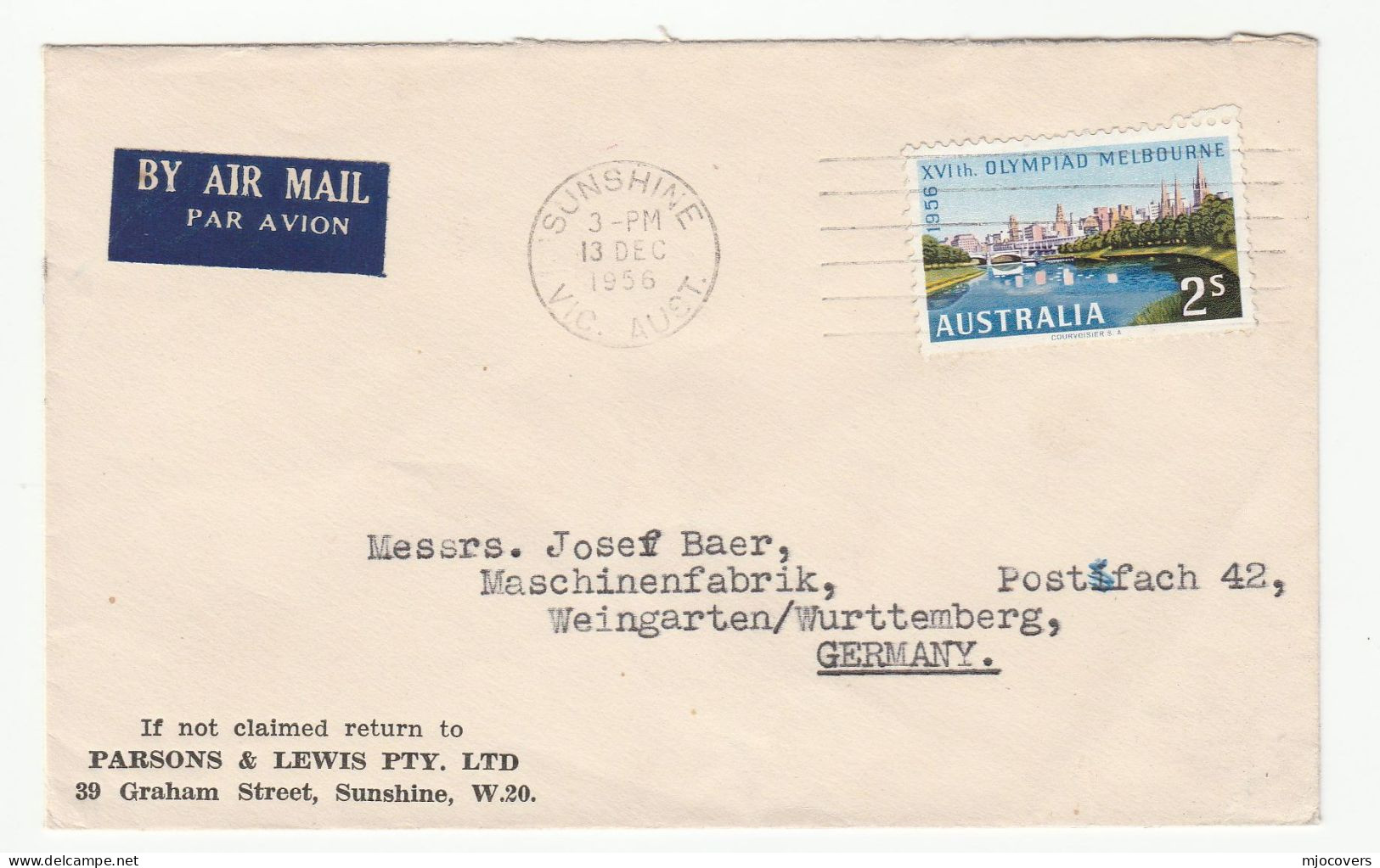 1956 AUSTRALIA  To Germany COVER  2/- OLYMPICS RIVER Stamps From Parsons & Lewis, Sunshine Vic , Olympic Games - Briefe U. Dokumente