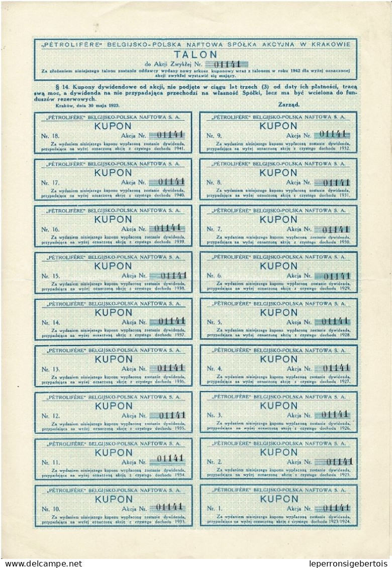 Titre De 1923 - La Pétrolifère - STé Anonyme Belgo-Polonaise Pour L'Industrie Du Pétrole à Cracovie - Déco - Petrolio