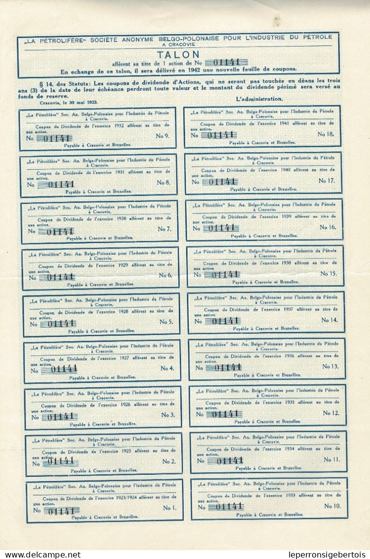 Titre De 1923 - La Pétrolifère - STé Anonyme Belgo-Polonaise Pour L'Industrie Du Pétrole à Cracovie - Déco - Petróleo