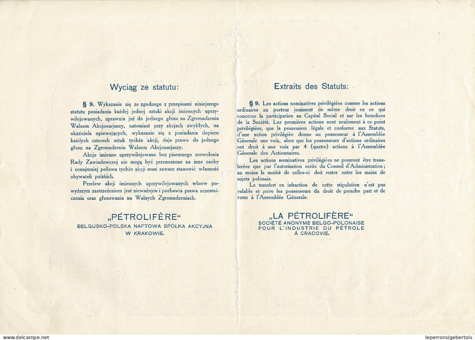 Titre De 1923 - La Pétrolifère - STé Anonyme Belgo-Polonaise Pour L'Industrie Du Pétrole à Cracovie - Déco - Aardolie