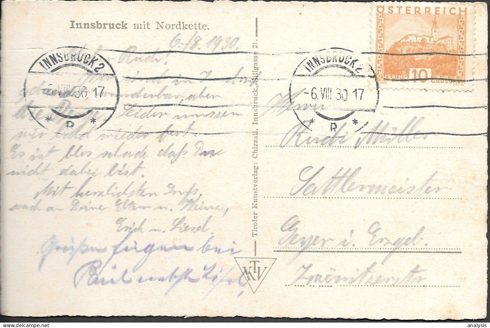 Austria Innsbruck Nordkette Old PPC 1930 Mailed - Innsbruck